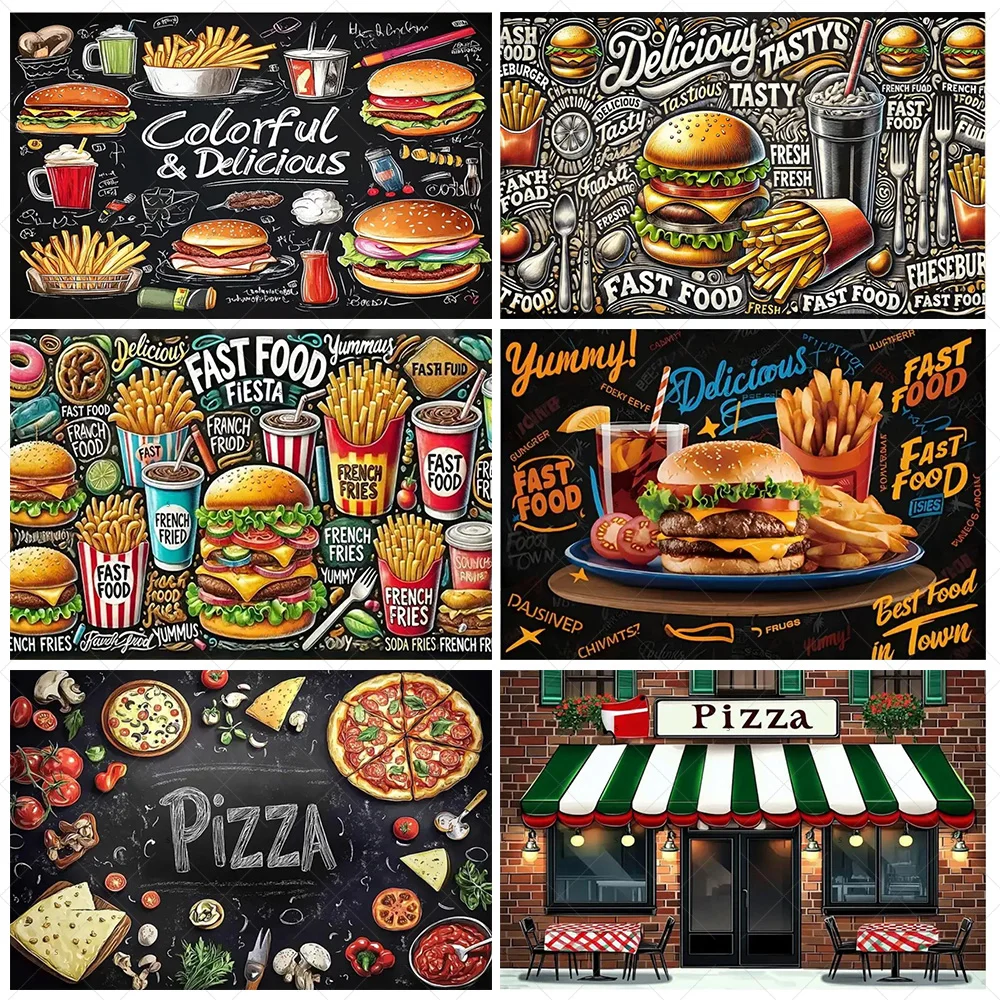 

Pizza Hamburger Backdrop Supplies Quick Food Kid Birthday Party Decoration Cola French Fries Background Banner Photography Prop
