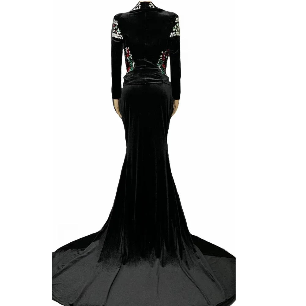 Black Sexy Deep V-Neck Swan Velvet Crystal Rhinestones Women Long Dress Wedding Evening Banquet Party Clothing Stage Costumes