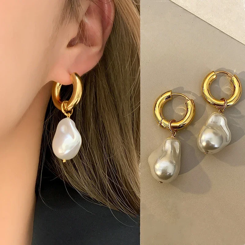 

New Vintage Circle Drop Earrings Baroque Pearl Earrings Gold Color Round Earclip Women Temperament Elegant Jewelry Party Gifts