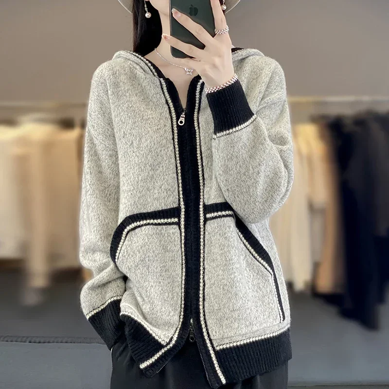 Tailor Sheep 2023 Autumn and Winter Cashmere Sweater Loose Knitted Long Sleeve Women's 100% Pure Wool Cardigan Hooded Sweater