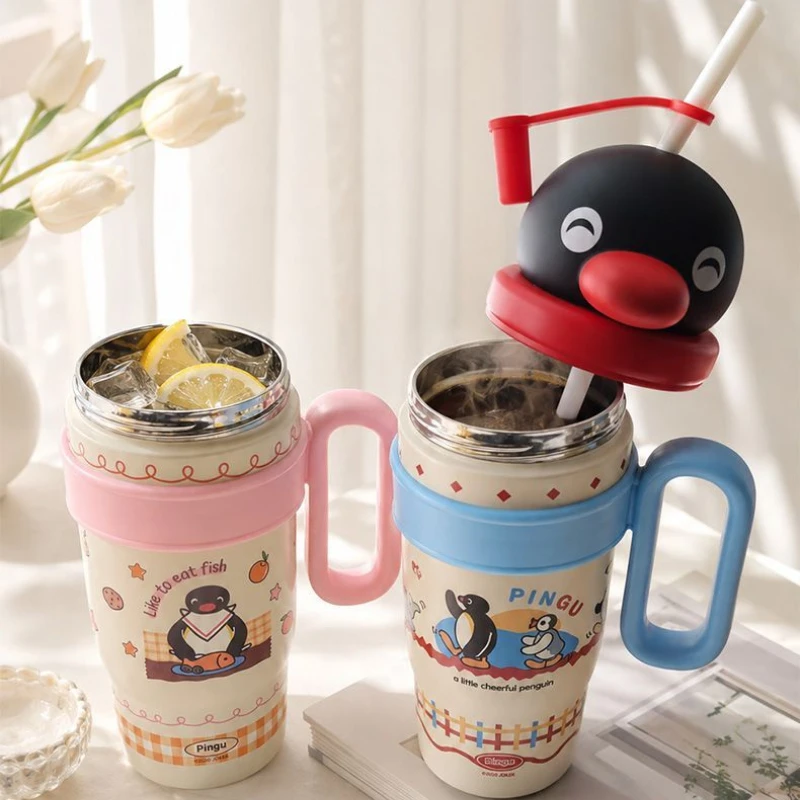 Pingu Cartoon 800Ml Insulated Water Cup With Straw Tea Strainer Large Capacity Portable Desktop Water Bottle For Couple Gift