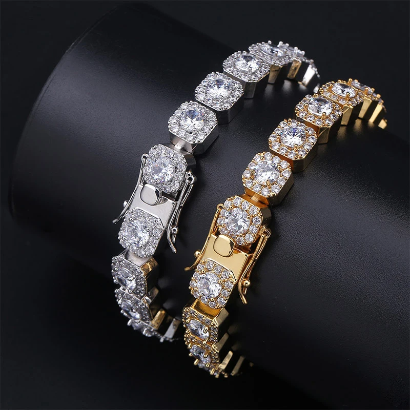 New 10mm Personality Rectangle Bracelet 2 Row Silver Color Iced Out Cubic Zirconia Bling Miami Cuban Hip Hop Women Men Jewelry