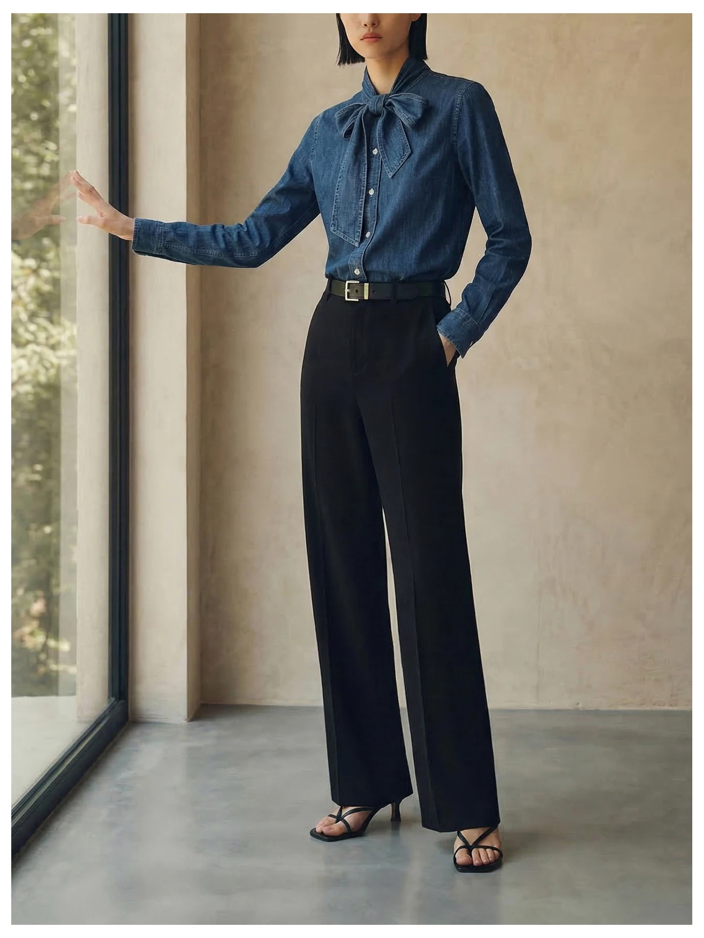 

Soft Cotton Denim irt with Sa Spring Summer Cleanfit Sle Long Sve round Ne Women's Cardigan Knot Design