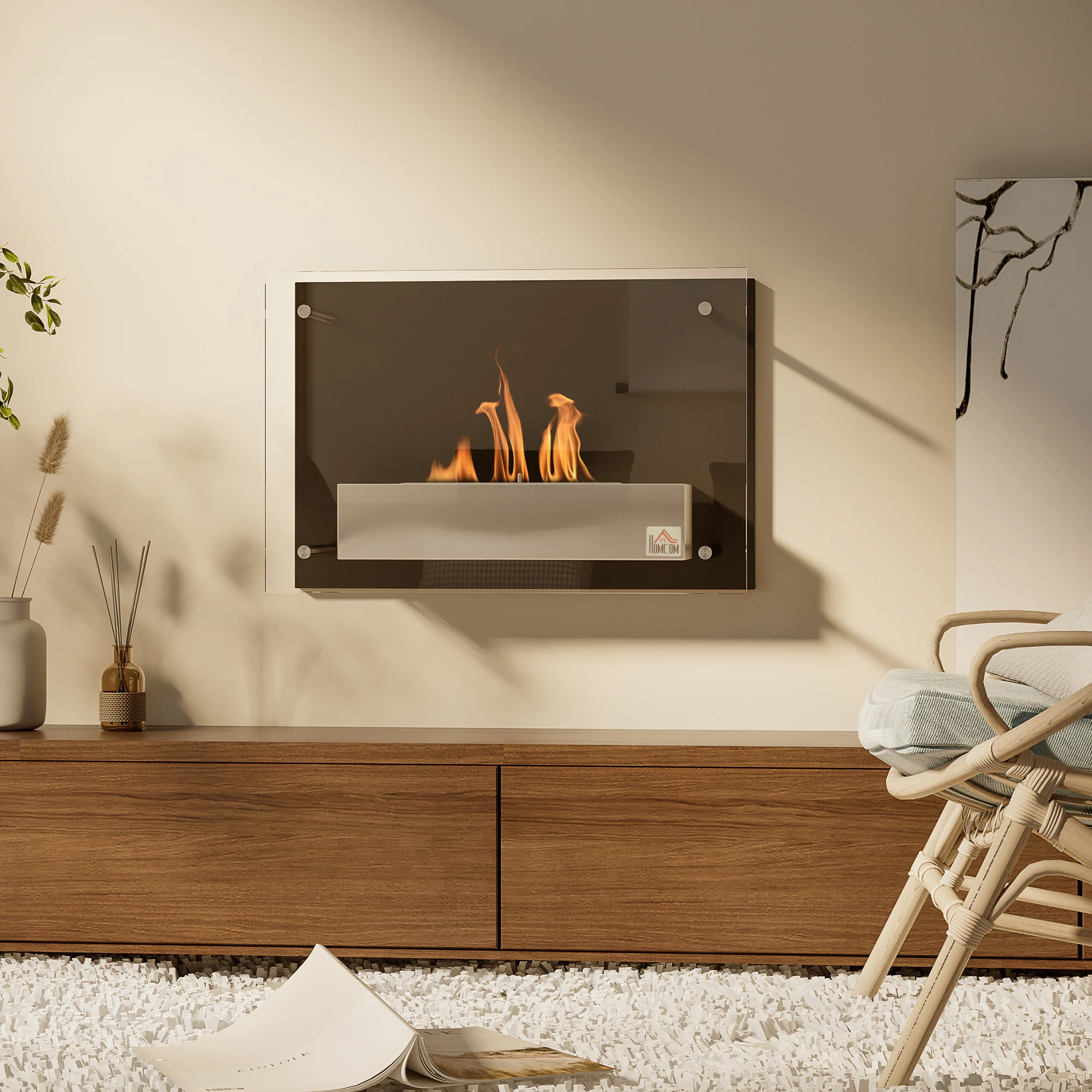 Homcom Cheminée murale à bioéthanol 60X22X40 cm Capacité 1,5 L Temps de combustion de 3 heures pour salon chambre Noir