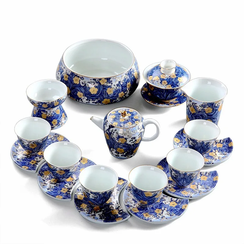 

Enamel color kung fu tea set, household Chinese high-end retro ceramic teapot, cup set, tea drinking t