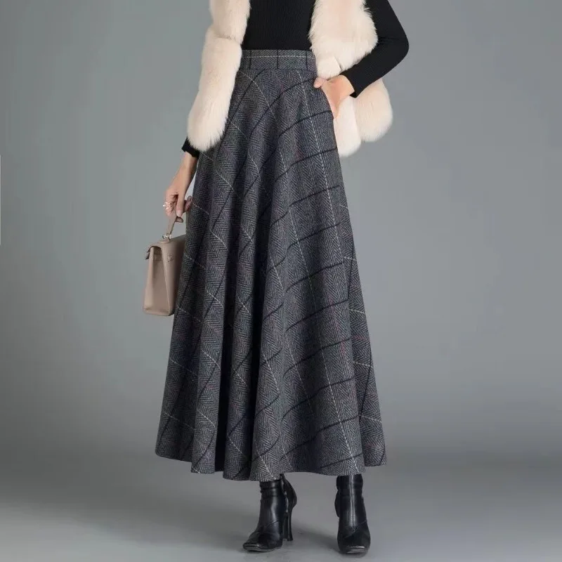 Women Autumn Winter Fashion Patchwork Woolen Cloth High Waist Appear Thin Skirt Women Clothes Simplicity All-match A-line Skirt