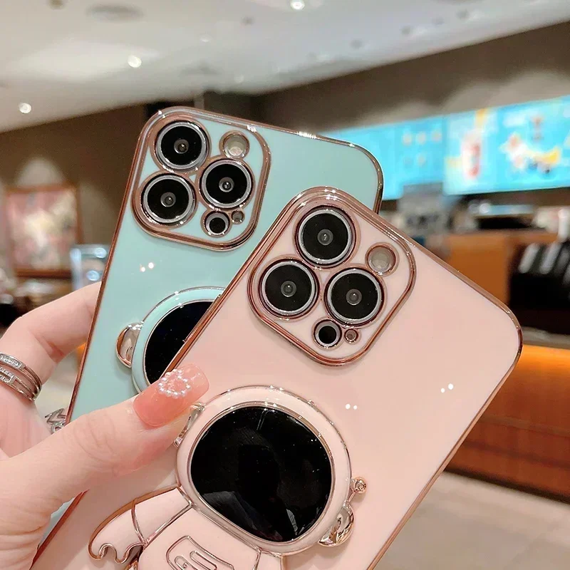 Suporte do anel do astronauta 3D Estojo macio para iPhone, capa traseira luxuosa, dobrável, chapeamento, 14, 13 Pro Max, 12 Plus, 2023