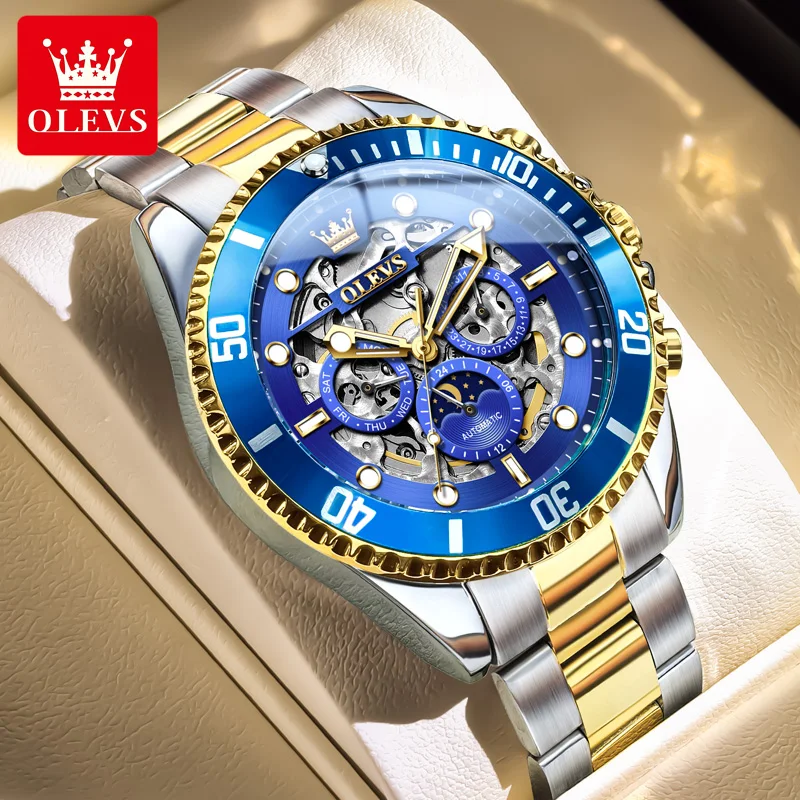 

OLEVS 6715, полые мужские часы, роскошные оригинальные многофункциональные водонепроницаемые хронографы, высококачественные полностью автоматические механические часы