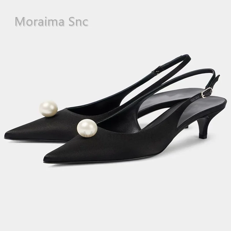 

Pearl Kitten Heels Women's Sandals Pointy Back Strap Black Satin 2025 Spring Summer New Comfortable Baotou Bride Wedding Shoes