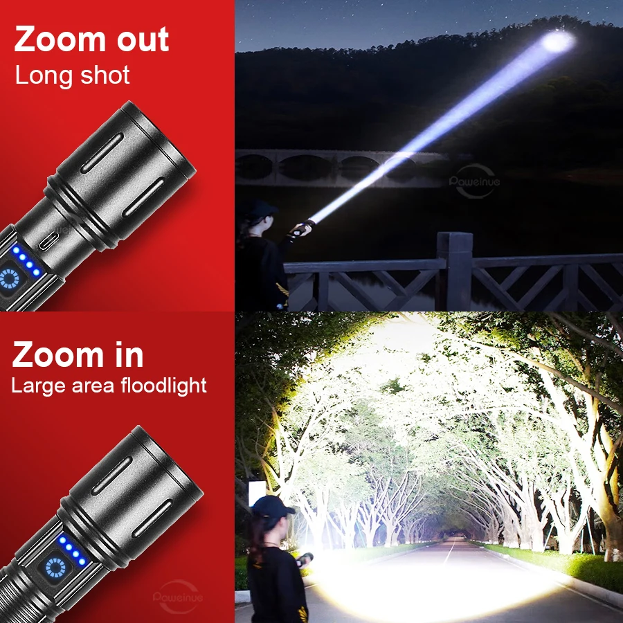 2024 High Power LED Flashlight Rechargeable Type-c Flashlights 18650 Super Bright Long Range Tactical Torch Camping Fishing Lamp