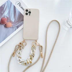 Luxury Marble Agate Chain Crossbody Lanyard Phone Case for IPhone 14 15 Plus 13 12 11 Pro Max X XS XR Max Liquid Silicone Cover