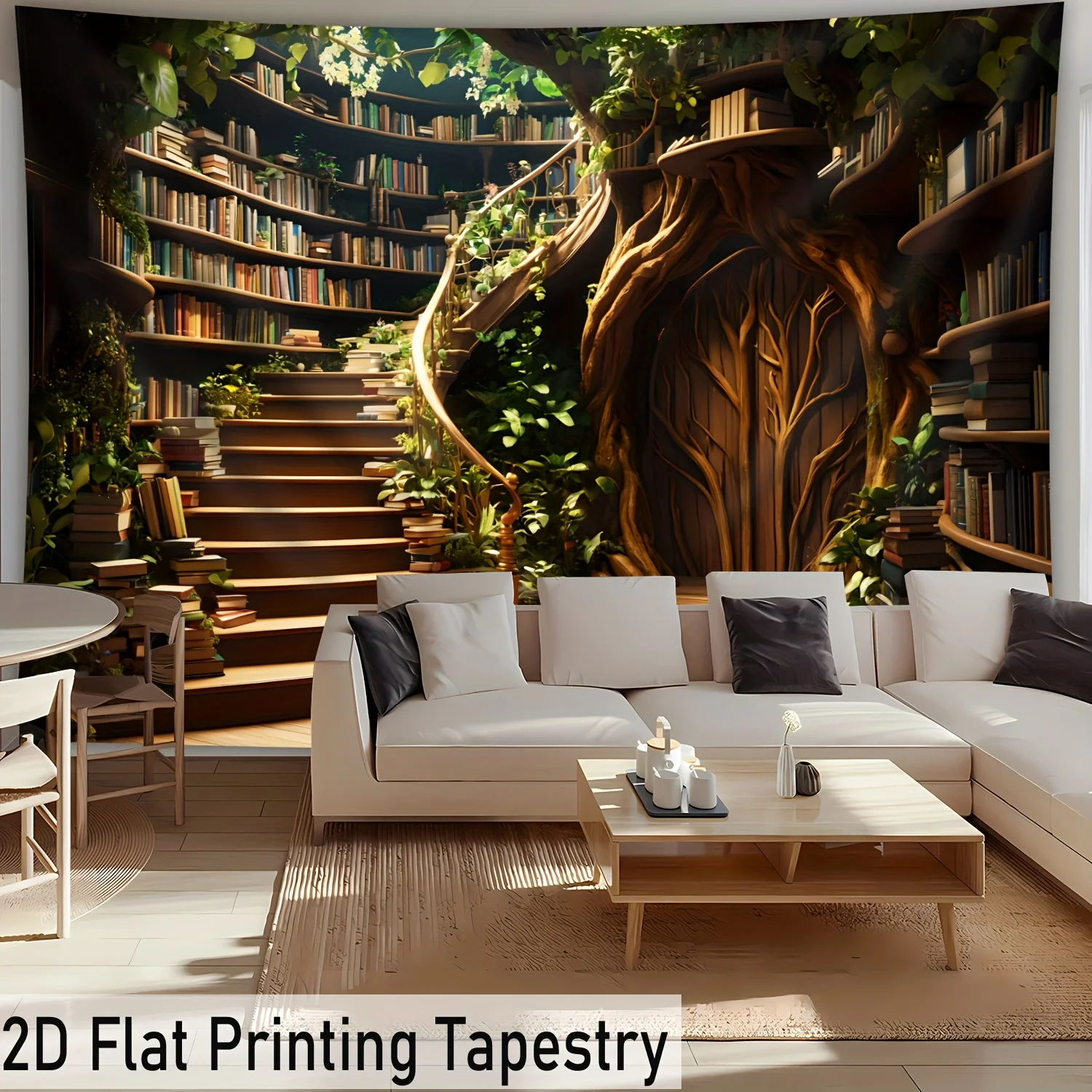 Magical Book Nook Tapestry, Enchanted Tree Library with Staircase, Books & Lush Greenery, Durable Fabric Wall Hanging