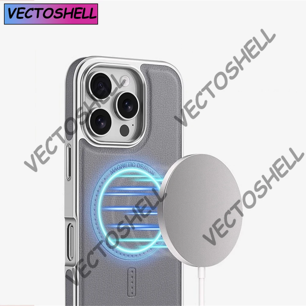 Casing Kulit Bingkai Lembut Berlapis Bisnis Mewah untuk iPhone 16 13 14 15 Pro Max Magsafe Penutup Tahan Benturan Pengisi Daya Nirkabel Magnetik