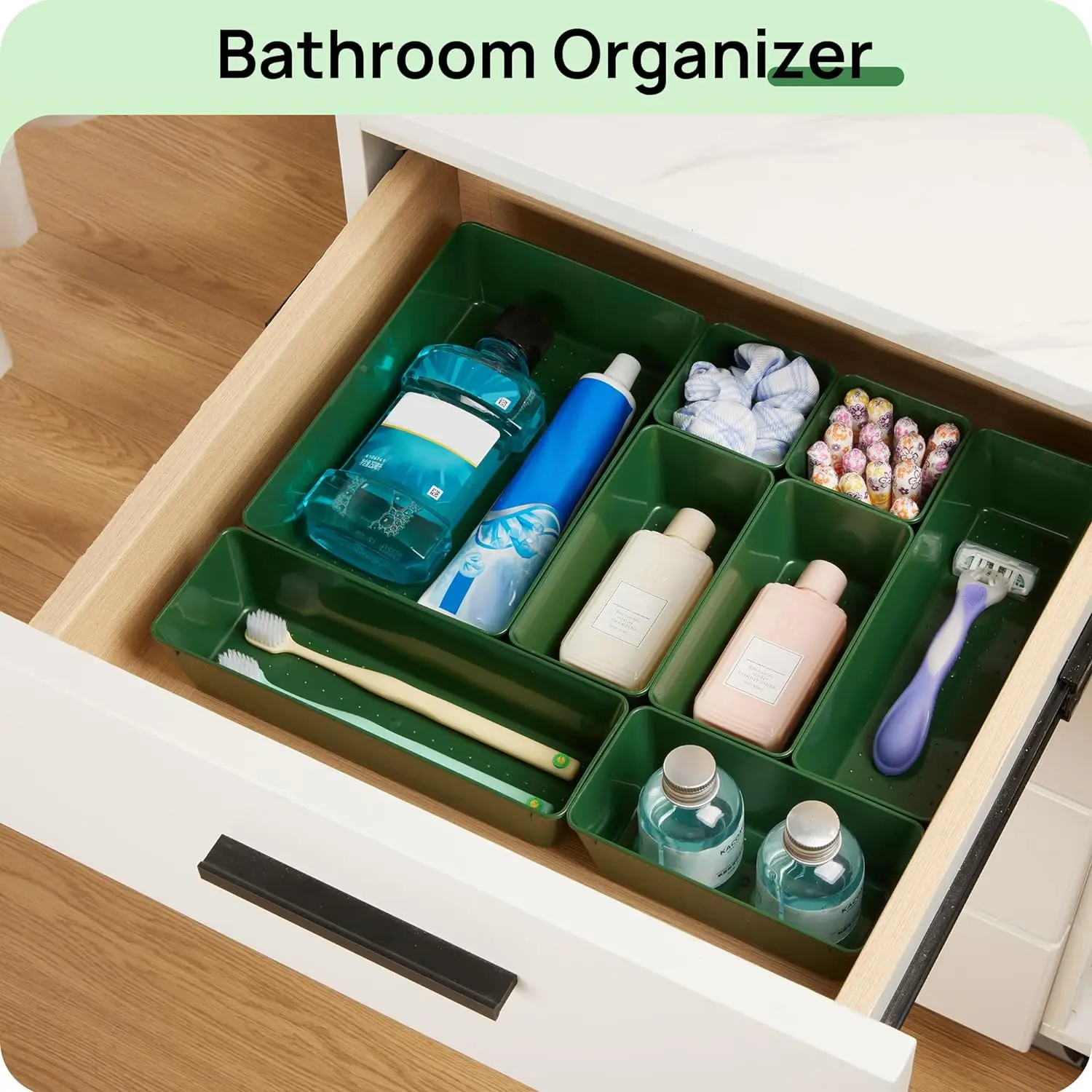 25 green PET plastic breakproof drawer organizer set, 4-size multifunctional bathroom and dresser drawer organizer tray, Univers