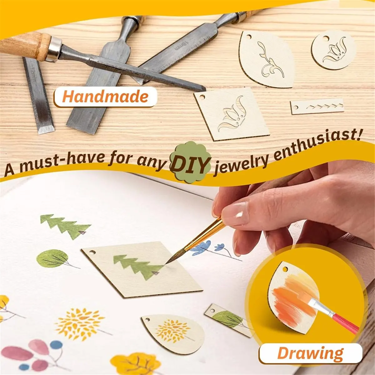 AA77 NEW  Unfinished Wooden Earrings Teardrop/Wood Earring Blanks 100 Pieces Earring Hooks and 100 Pieces Jump Rings