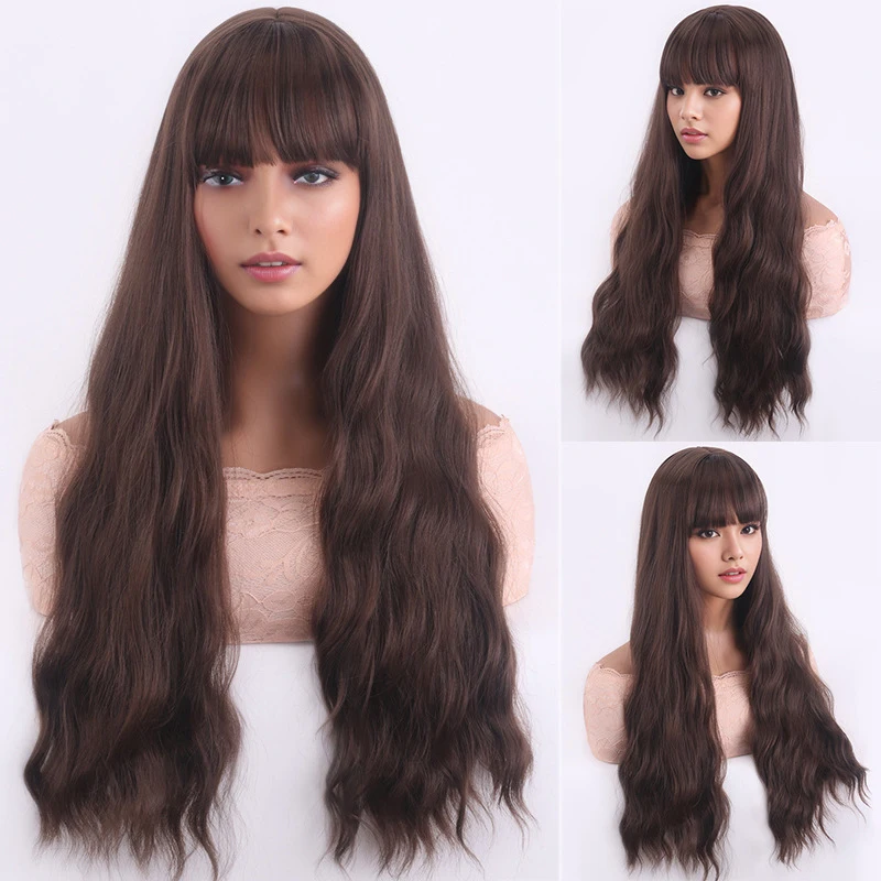

Air bangs wavy long curly European and American style women's full head synthetic wig brown gradient hair
