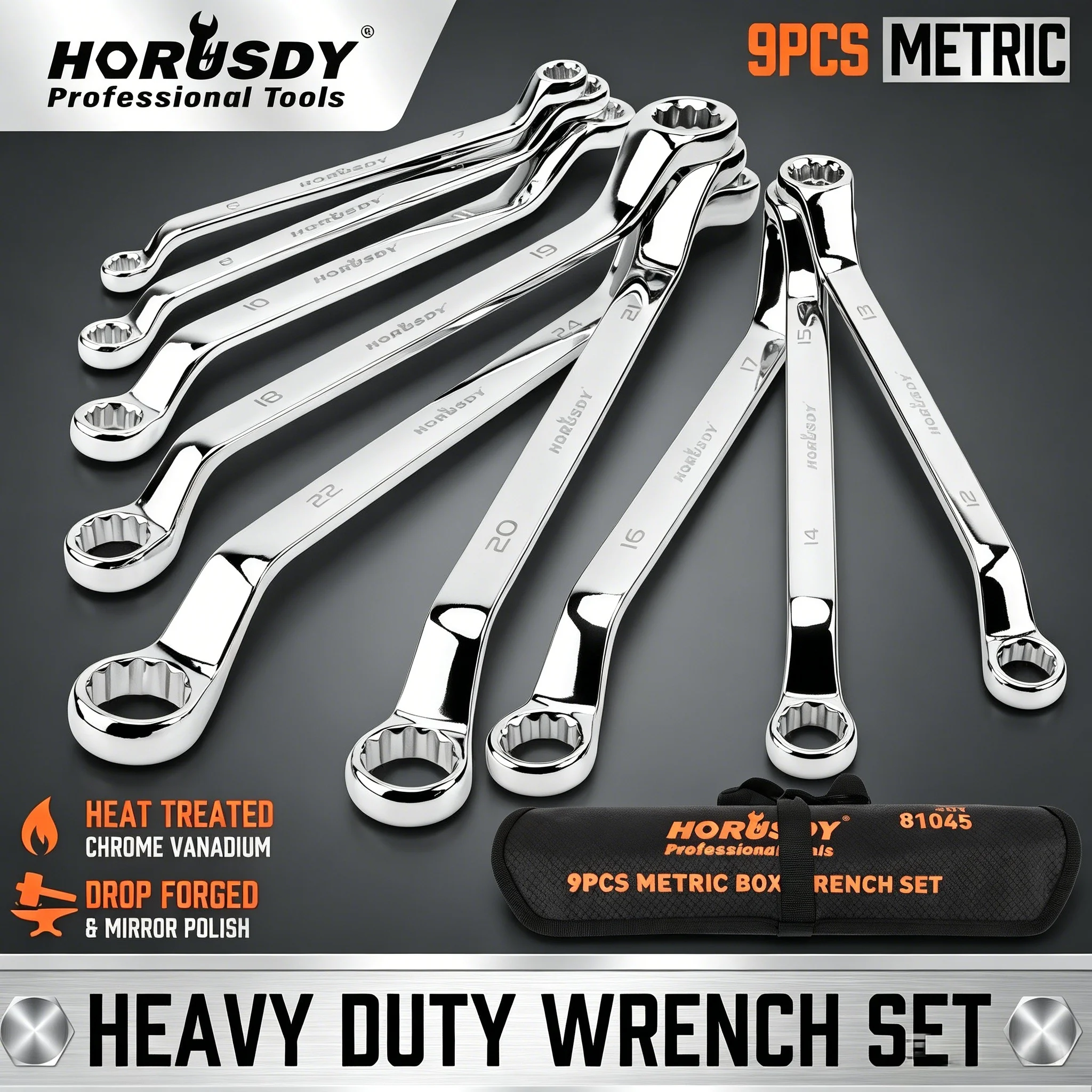 HORUSDY 9Pcs 50-Degree Offset Box Wrench Set, Metric 6-24mm CR-V Steel Heavy Duty with Rolling Pouch for Auto Repair