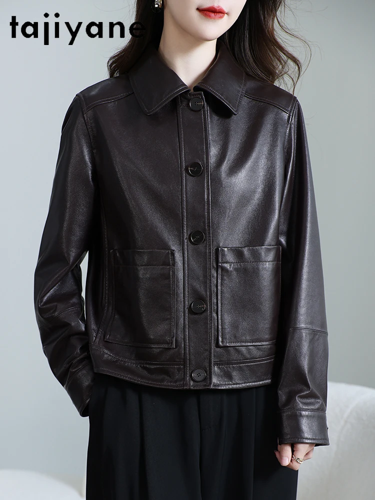TAJIYANE طبقة علوية من جلد الغنم سترات من الجلد الطبيعي للنساء سترة جلدية حقيقية غير رسمية معطف قصير للسيدات 2025 ملابس الخريف 신상АКю터