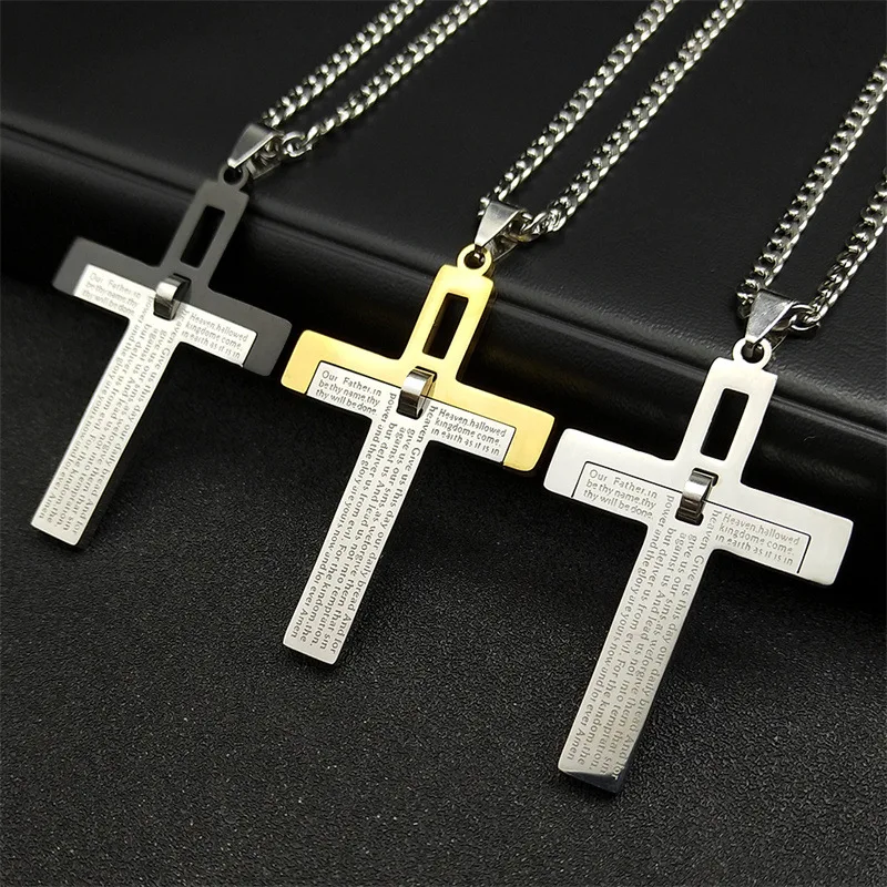 Creative Hollow Cross Pendant Necklace Stainless Steel Christ Prayer Faith Themed Necklace Charm Jewelry for Daily Wear