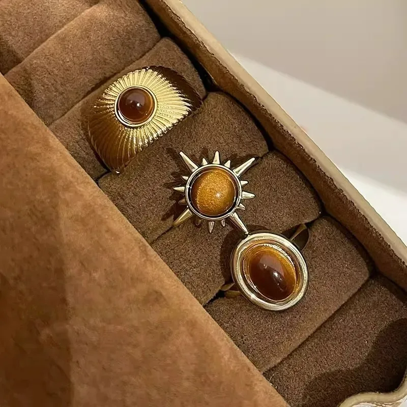 Retro Brown Stone Rings for Women Girls Sun Irregular Gold Color Aesthetic Rings Opening Adjustable Ring Fashion Jewelry Gifts