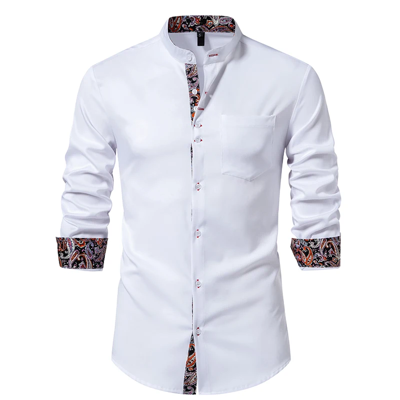 

Spring Autumn Men's Long Sleeve Casual Print Shirt Ethnic Vintage Floral Shirt Fashion Stand-up Collar Shirt