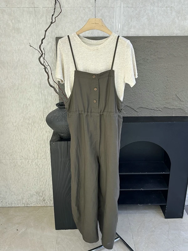 

Korean Lazy Style Overalls Set Summer 2026 Linen Button T-Shirt Two-Piece Women's High Waist Long Pants round Neck Short Sleeve