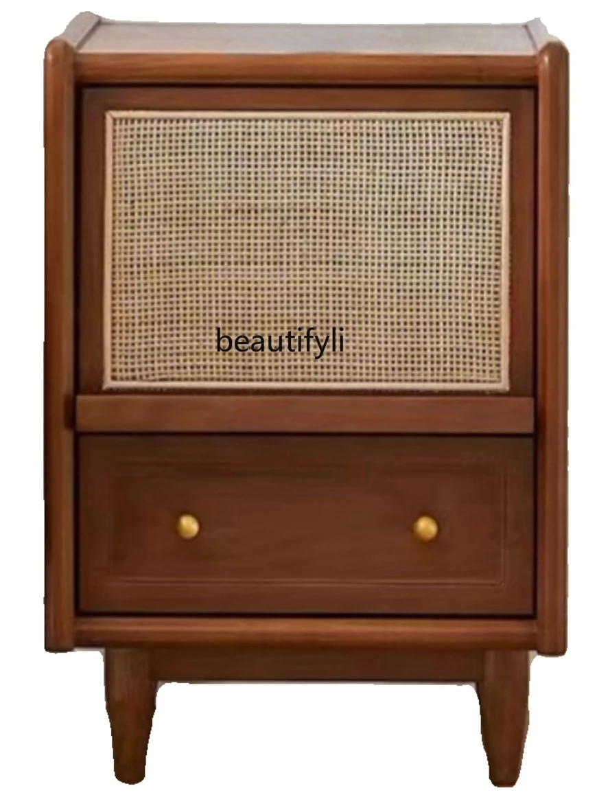 

Retro Solid Wood Bedside Cabinet Japanese Rattan Glass Cabinet Modern Simple Small Size Ultra Narrow Band Lamp Bedroom