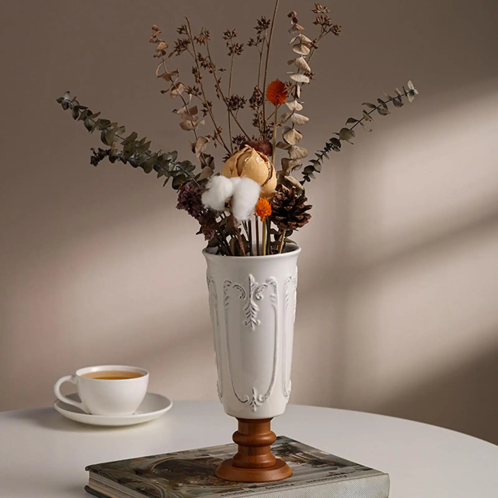 Decorative Porcelain Vase Tall Footed Flower Holder with Wooden Base for Stylish Wedding or Office Decor