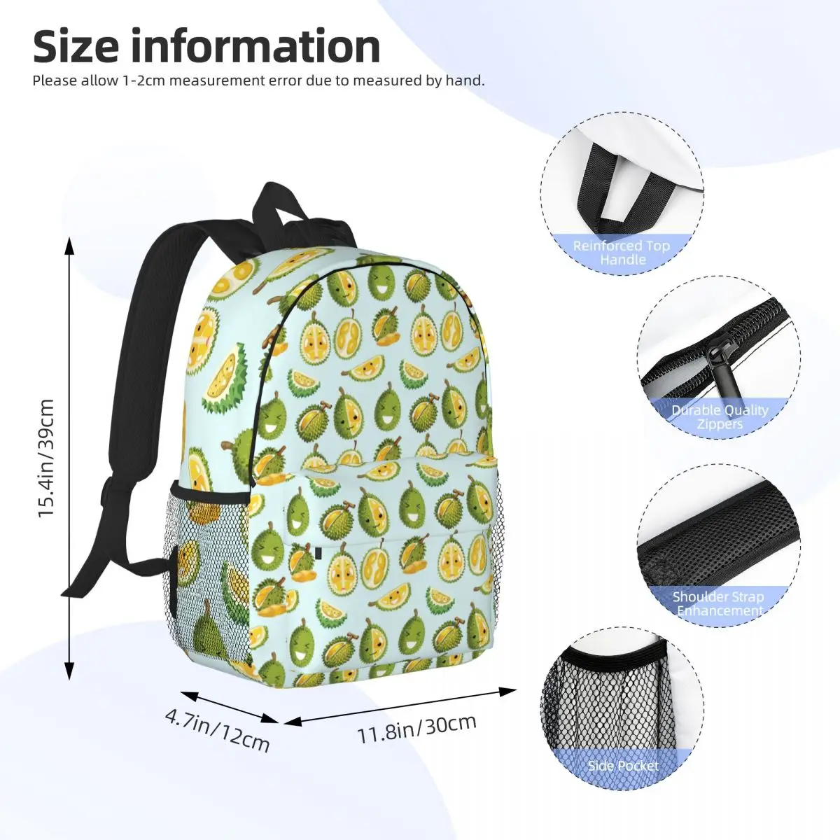 Tropical Durian Cute Cartoon Backpack Daypack Large Capacity Boys Girls BookBag Shoulder Bags for Men Women Children School Bag