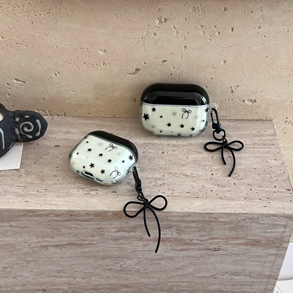 Ins أسود أخضر اللون الاصطدام التدريجي نجوم Bowknot الحبل سماعة غطاء الحال بالنسبة AirPods 1 أو 2 3 4 Pro2 Pro3