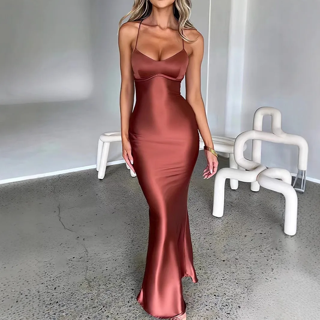 Women's Elegant Wedding Guest Party Dress: Sexy Satin Pencil Long Sleeveless Spaghetti Strap Open Back Prom Dress with Fitted