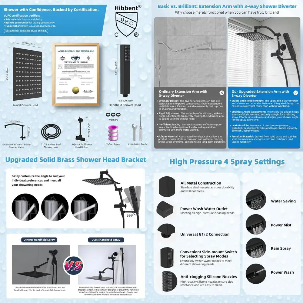

8-дюймовая двойная душевая система: ручной душ высокого давления с 4 режимами, выдвижной шланг, матовое черное покрытие