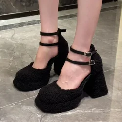 Shoes for Women 2023 Fashion Buckle Women's Pumps Winter Round Toe Solid Sexy Dress Chunky Heels Shallow Plus Velvet Shoes