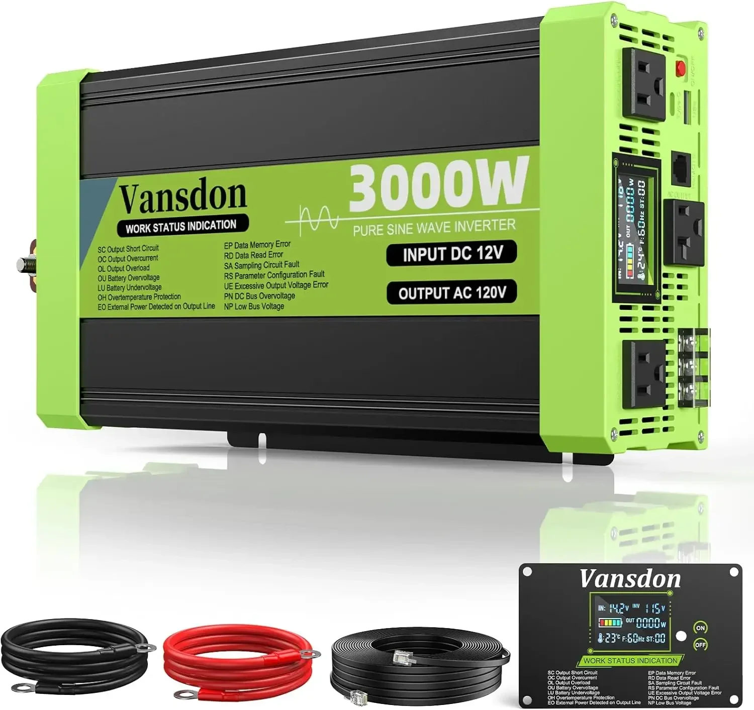 3000W Pure Sine Wave Inverter 12V DC to 120V AC Power Inverters for RV,Truck, Solar, Home, Off-Grid, Car with LCD Display, 3 AC