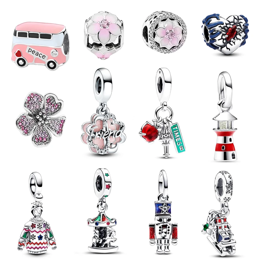 New Christmas Gift Moveable Nutcracker，Four-leaf Clover Double Dangle Charm Bead Fit Original Silver 925 Pandora Bracel Jewelry