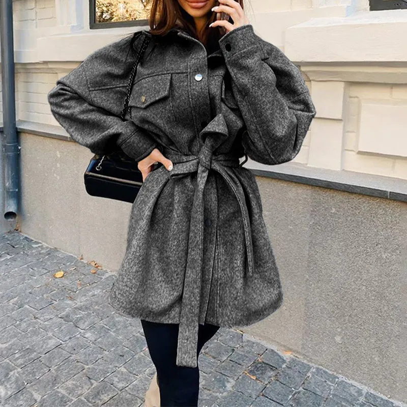 Women's 2023 Casual Fashion Loose Lapel Wool Chic Coat with Retro Long Sleeve Side Pockets Women's Coat Warm Women's Clothing