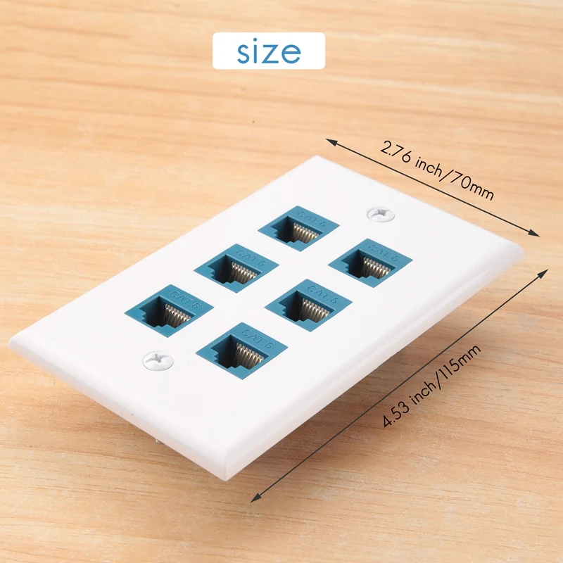 2Pack 6 Port Ethernet Wall Plate, RJ45 Cat6 Female To Female Jack Inline Coupler Plates Ethernet Cable Face Plates(Blue)