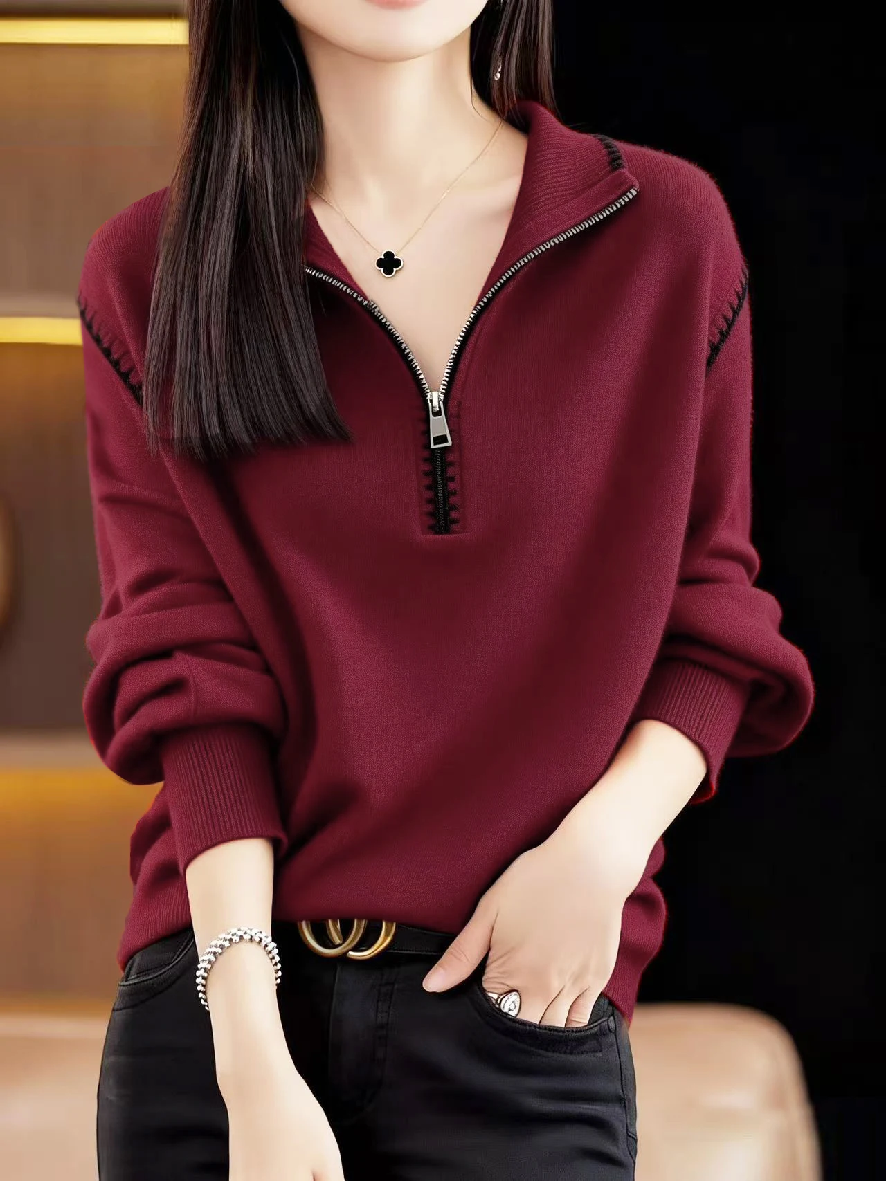 

Loose Long Sve Knitted Sweater Women's New Year Red Stand Collar F Zipper Faionable Top Ladieswear