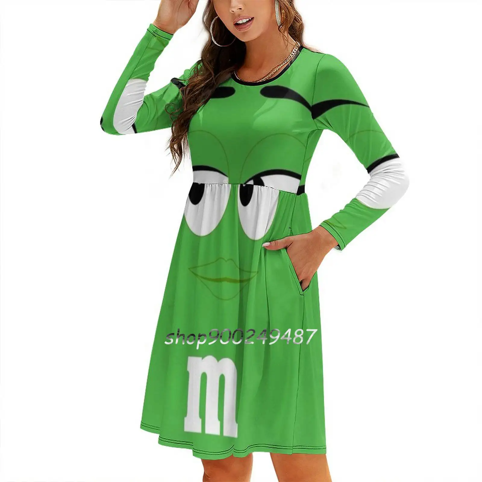 Green M&M Face Sweet Elegant Dress Women Korean Kawaii Square Collar Dress Green M M Face Halloween Costume Halloween Costume