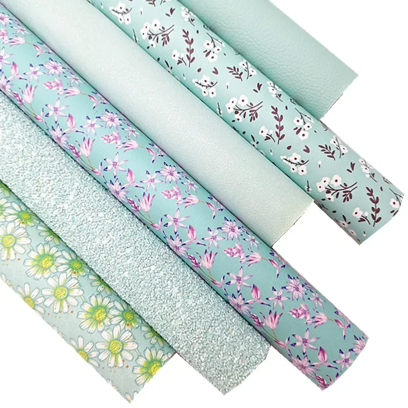 Light Blue Chunky Glitter Leather Sheets Flowers Printed Synthetic Leather Felt Backing Litchi for DIY Craft 8.2