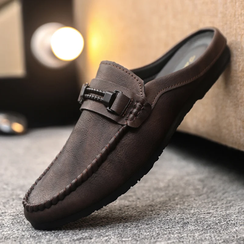 Summer Mules Men Backless Casual Shoes Loafers Slippers Lightweight Slip On Flats Leather Outdoor Half Shoes Man Slides Sandal