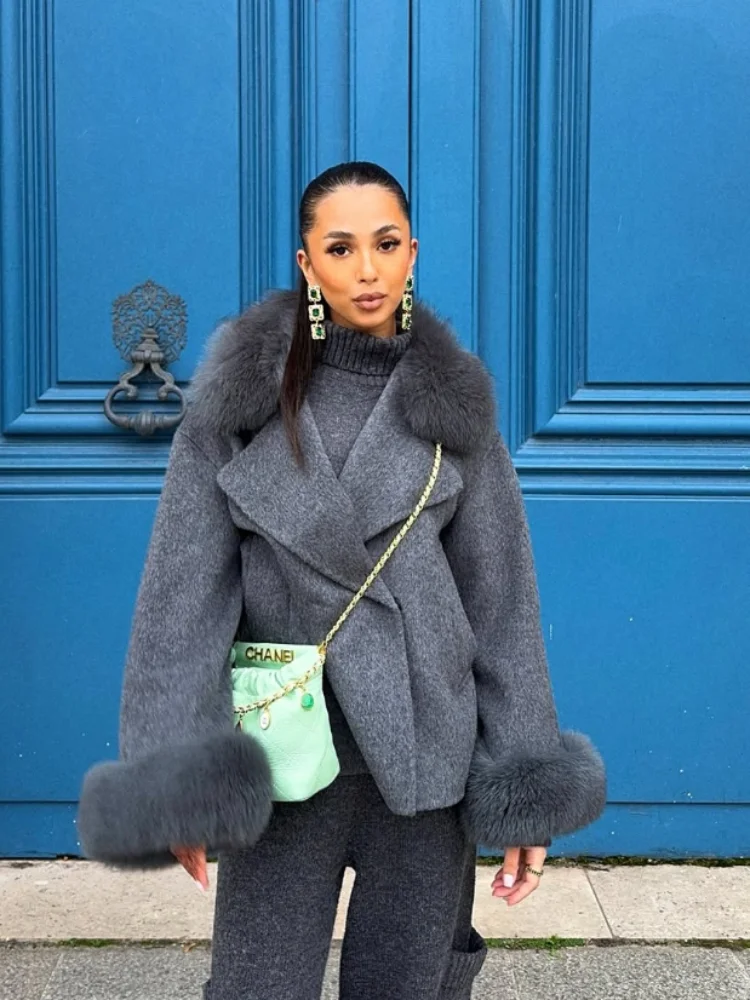 

Elegant Fur Woolen Patchwork Women Coat Solid Loose Long Sleeve Pocket Button Female Jacket 2025 Autumn Winter Lady Outwear