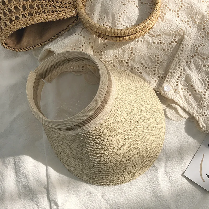 Women Summer Hat Outdoor Sun Protective Ponytail Straw Hat Face Transparent Visor Cap Handmade Natural Raffia Spring Sun Visor