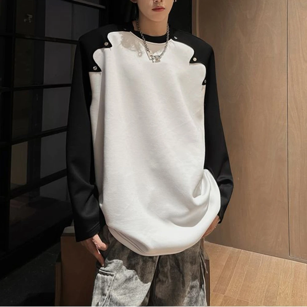 Mens Patchwork Deconstructed Padded Shoulder Casual T Shirt Streetwear Fashion Youth Trend Long Sleeve Top Men'S Wear 2026 New