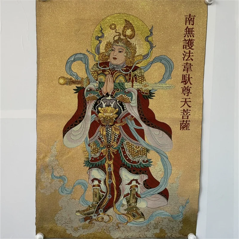 Chinese Antique Silk Brocade Tangka Painting Weituo Zuntian Bodhisattva Embroidery Wall Art Buddhist Style Home Decor