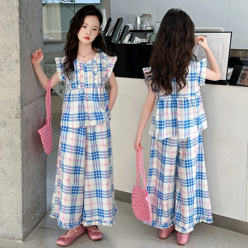 2026 Fashion Children's Summer Set for Girls Fly Sleeve Clothing with Ruffles 2 Pieces Clothes Suit Kids Plaid Streetwear Outfit