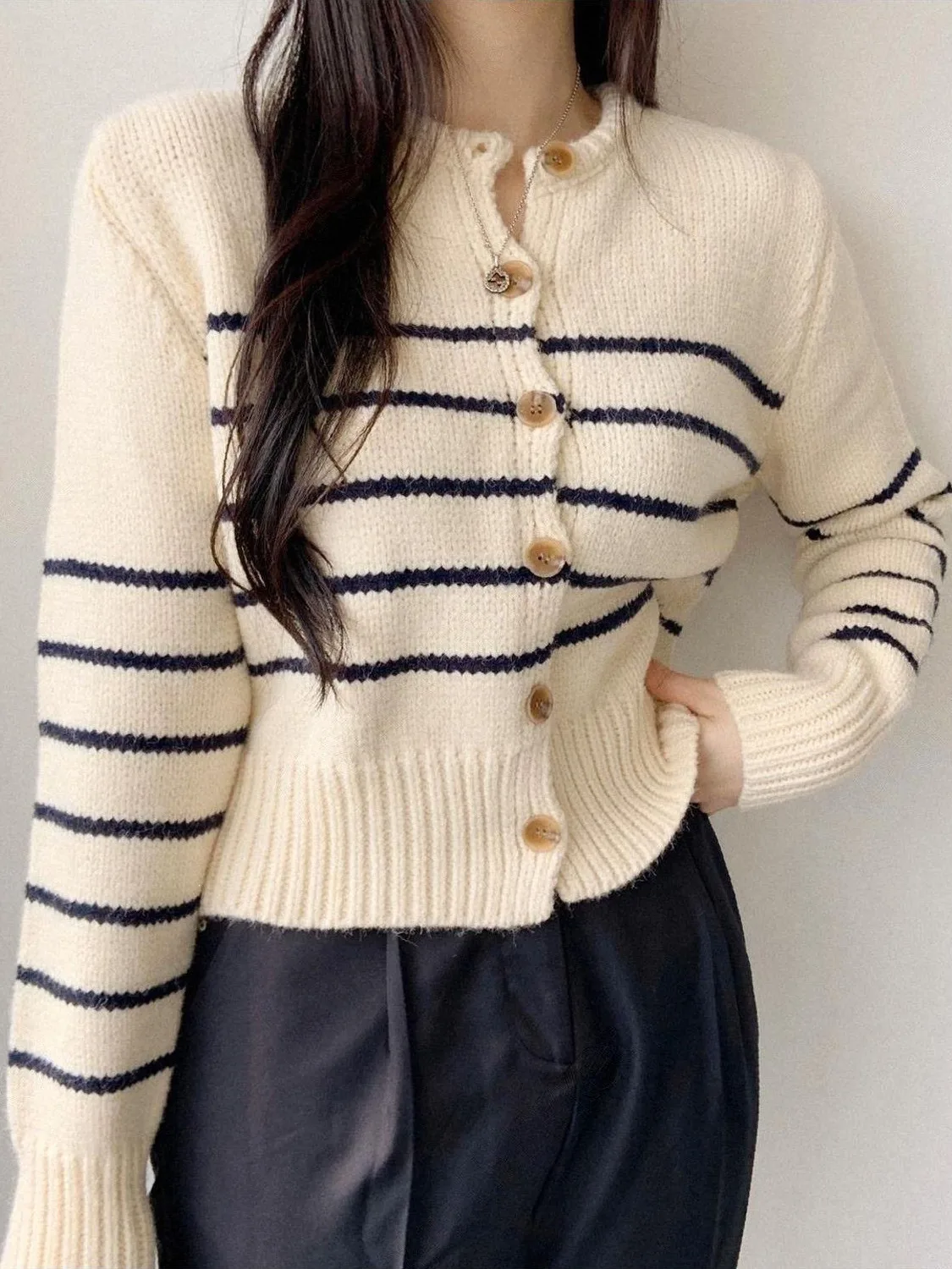 Soft Cozy Large Needle Knitted Open Cardigan Women's Faion Single Button Long Sve Sweater Coat Striped Pattern French Sle
