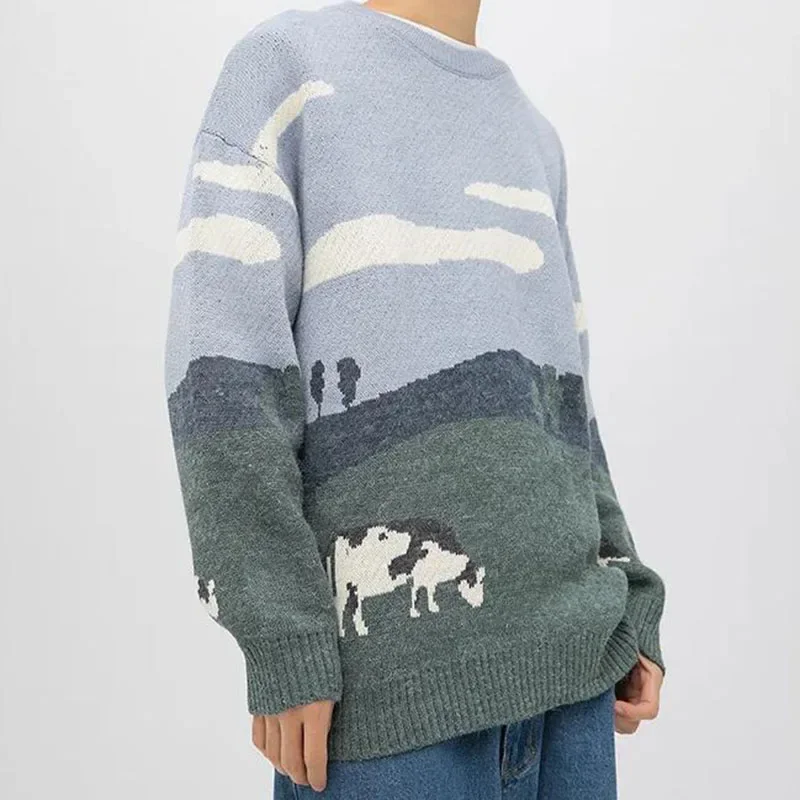 Spring Autumn Men's Fun Cow Fresh Sweaters Knitting Pullovers Round Neck Knitted Sweater Warm Male Slim Fit Casual Sweater