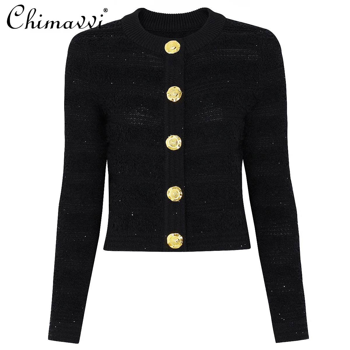 

Зимний новый модный свитер с большими золотыми пуговицами и длинными рукавами, пальто, тонкий элегантный однобортный кардиган с круглым вырезом, женский топ