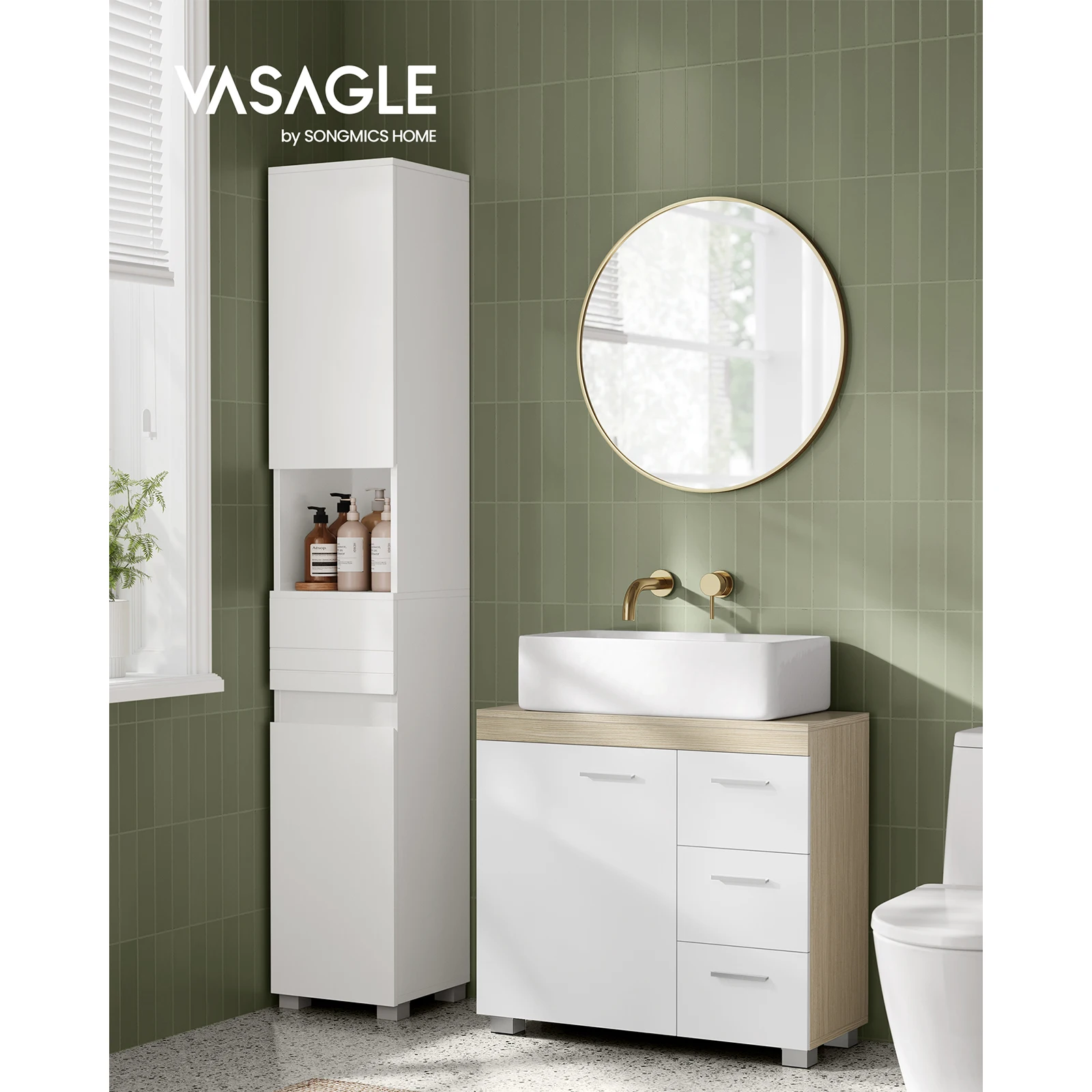 VASAGLE Under Sink Bathroom Cabinet, Storage with 3 Drawers, 2 Compartments, 30 x 70 x 64 cm, Cloud White/Natural Beige